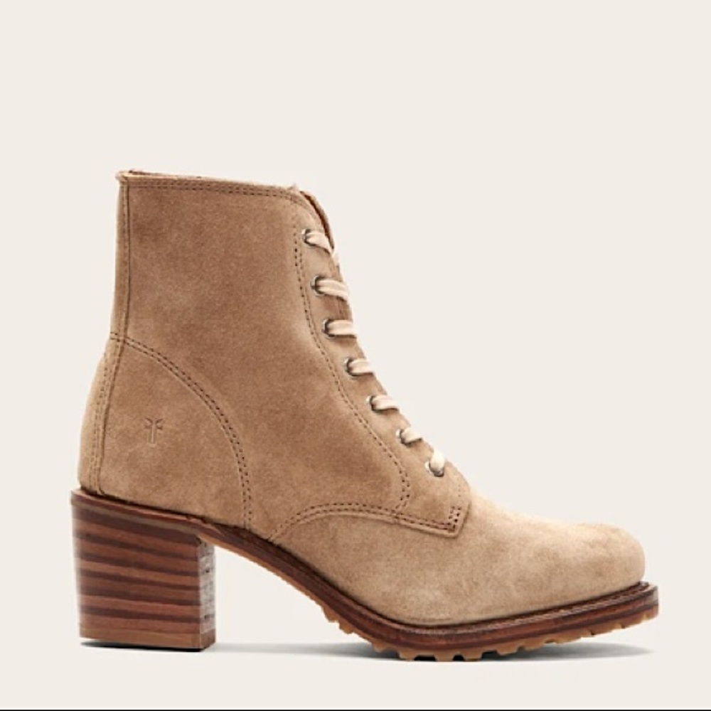 Frye Sabrina 6G Beige/Light Tan Suede/Leather Combat Heeled Everyday Ankle Boot - Picture 11 of 13